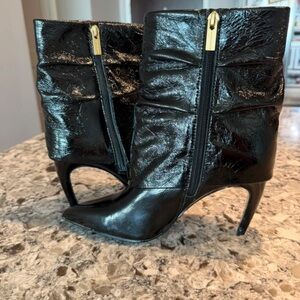 Vince Camuto Black Patent Ruched Pointed-Toe Stiletto Ankle Boots